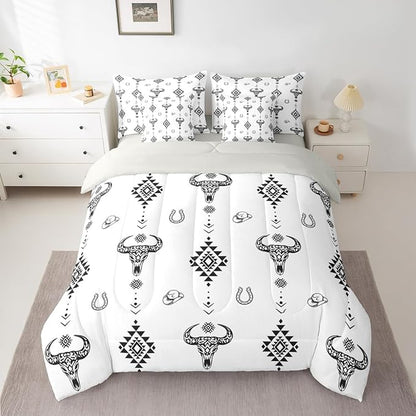 Erosebridal Bull Skull 7 Piece Bedding Set King Boho Comforter Set with Sheets Aztec Horseshoe Arrow Southwest Geometric Bed in a Bag Cowboy Hat Dot Western White for Teens Men Women