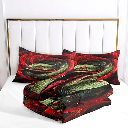 Snake Comforter Set Full Size, Red Roses Bedding Set, 3 Pieces Gothic Bedroom Decor with 2 Pillowcases/79 * 90