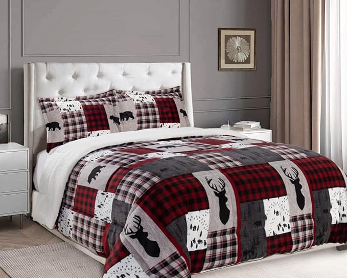 Elegant Comfort 3-Piece Winter Lodge-Patch Sherpa Comforter Soft, Cozy and Durable Quality, Heavy Weight Reversible Down Alternative Micro-Suede, Patch Sherpa Comforter, Queen