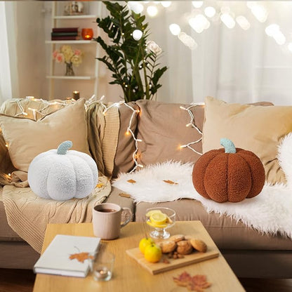 Kajaia 2 Pcs Pumpkin Pillow Plush 11 x 9.5 Inch 3D Cushion Fall Decorations Simulated Stuffed Throw Pillows for Halloween Thanksgiving Bedroom Sofa Couch Supplies (White,Brown)