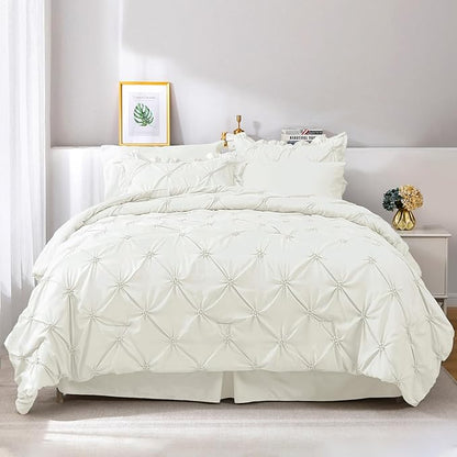 JOLLYVOGUE Ivory Queen Size Comforter Sets 7 Pieces, Pintuck Bed in a Bag Comforter Set for Bedroom, Bedding Comforter Sets with Comforter, Sheets, Ruffled Shams & Pillowcases