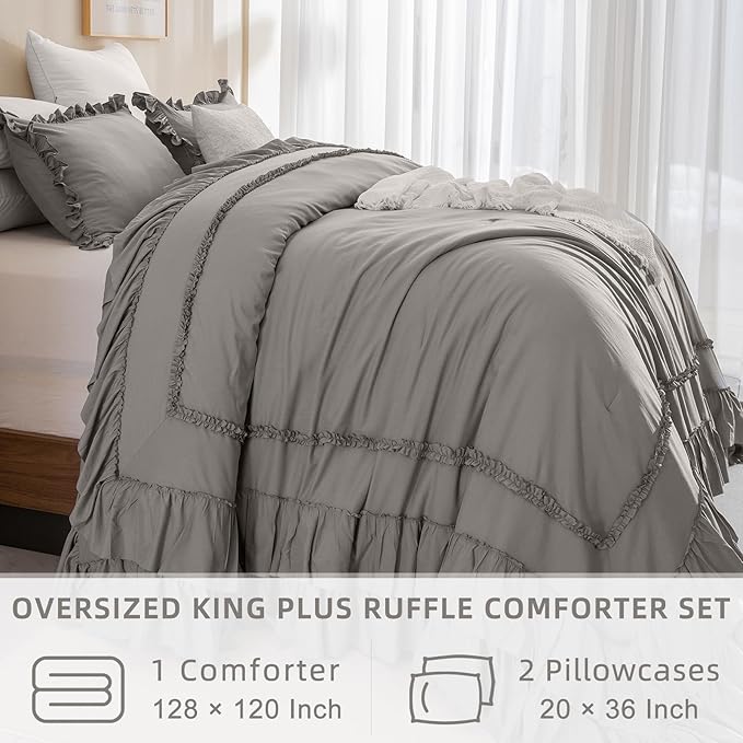 QSH Grey Oversized California King Ruffled Bed Comforter Set 128x120, Farmhouse Vintage Chic Comforter Set Gray French Country Bedding Comforter Soft Microfiber Fluffy Bedding 3 PCs