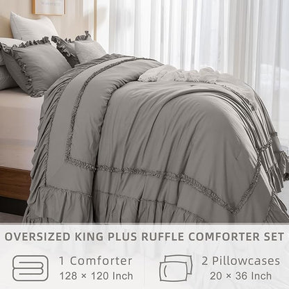 QSH Grey Oversized California King Ruffled Bed Comforter Set 128x120, Farmhouse Vintage Chic Comforter Set Gray French Country Bedding Comforter Soft Microfiber Fluffy Bedding 3 PCs