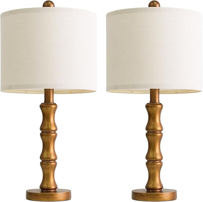 BOBOMOMO 20.5" Vintage Nightstand Lamps Set of 2, Farmhouse Table Lamps with Antique Gold Resin Base & Linen Shade, Small Bedside Lamp for Bedroom, Living Room, Office & Elegant Home Décor