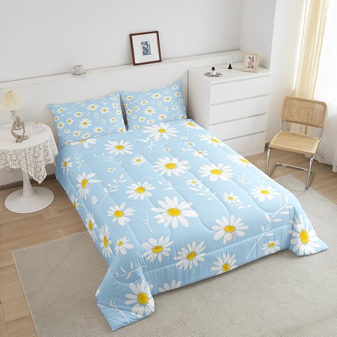 Manfei Daisy Comforter Set King Size, White Flower Leaves Bedding Set 3pcs for Kids Boys Girls Bedroom Decor, Botanical Garden Artwork Quilt Set Soft Polyester Duvet Set with 2 Pillowcases
