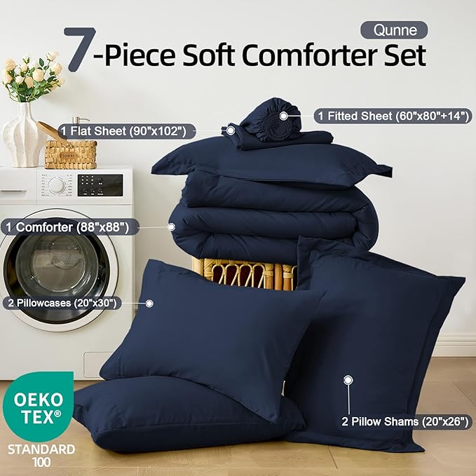 FUANNA Queen Comforter Set Navy Blue, 7 Pieces Soft Bedding Sets Queen Size, All Season Lightweight Bed in a Bag with Comforter, Flat Sheet, Fitted Sheet, Pillowcases & Shams