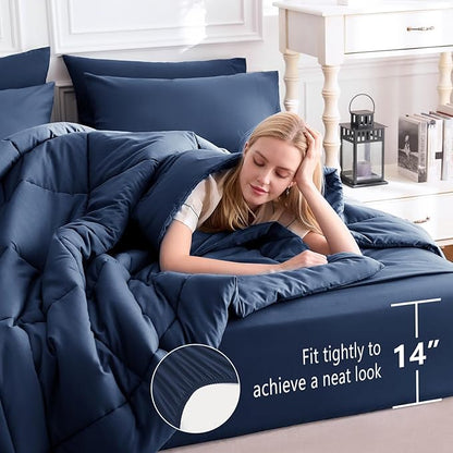 CozyLux Full Size Comforter Sets Navy Blue, 7 Pieces Bed in a Bag, Navy Comforter Full Size, All Season Bedding Sets with Stitch Quilted Comforter, Flat Sheet, Fitted Sheet, Pillowcases