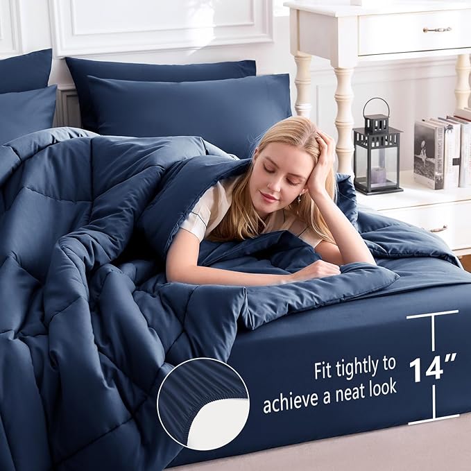 CozyLux Oversized King Comforter Sets Navy Blue, 7 Pieces Bed in a Bag, Ultra-Soft All Season Bedding Sets with Stitch Quilted Comforter, Flat Sheet, Fitted Sheet, Pillowcases, Navy Blue