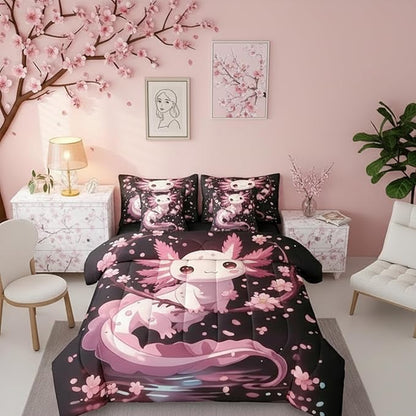 Erosebridal Axolotl Bed in A Bag Queen | Cherry Blossom Japanese 7 Piece Comforter Set Wildlife Pet Animal Pink Salamander Sheet Set Reversible Underwater World Fitted Sheet Breathable Lightweight
