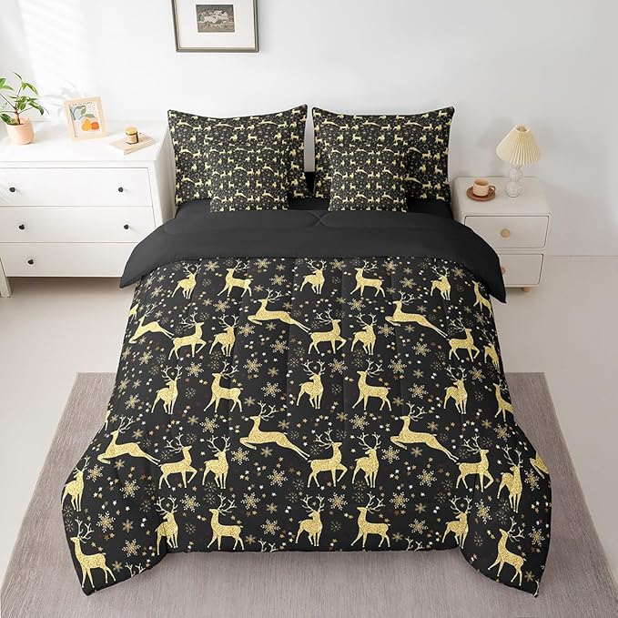 Erosebridal Elk Deer Bed in a Bag 7 Pcs Queen,Golden Deers Comforter Set for Kids Teens,Merry Christmas Fitted Sheet,Xmas Winter Snowflake Sheet Set,Moose Wild Animals Wildlife Bedding Set Room Decor