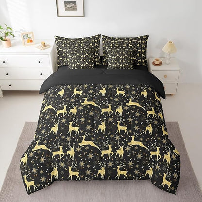 Erosebridal Elk Deer Bed in a Bag 7 Pcs Queen,Golden Deers Comforter Set for Kids Teens,Merry Christmas Fitted Sheet,Xmas Winter Snowflake Sheet Set,Moose Wild Animals Wildlife Bedding Set Room Decor