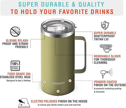 CHILLOUT LIFE Stainless Steel Vacuum Insulated Coffee Mug 20 oz (Set of 2) with Handle and Lid, Large Thermal Camping Coffee Mugs with Sliding Lid for Men & Women, Keeps Your Beverages Hot & Cold