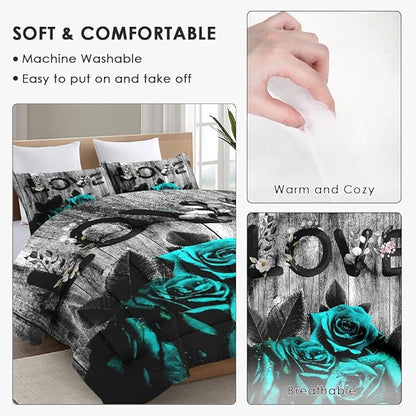 Twin Size Comforter Set with Pillowcase, Cyan Rose Flower Love 2 Pcs Bedding for Kids and Adults, Summer Vintage Woodboard Soft Comforter Set for Bedroom Bed Decor