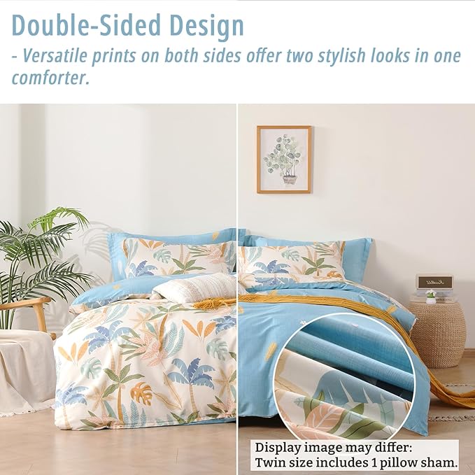 Tropical Coastal Blue Cotton Comforter Twin Size 2Pcs - Bright Orange, Olive Green & Beige Palm and Leaf Patterns, Botanical Lightweight Reversible Bedding Sets with Soft Fill(68"×90")