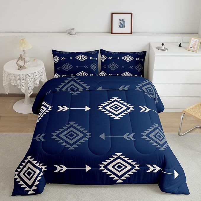 Feelyou Blue Western Bedding Set Full Size Kids Southwestern Aztec Tribal Comforter Set for Boys Girls Bohemian Duvet Quilt