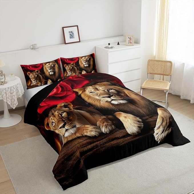 Erosebridal Rose Flower Room Decor Comforter Set,Animal Lion Print Bedding Set for Kids Teen Boys Girls Home Bedroom,Floral Comforter Sets,Modern Style Down Alternative King Size