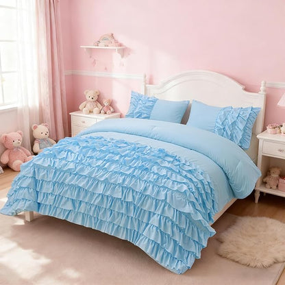 Holawakaka Light Blue Waterfall Ruffle Comforter Set Twin Size Multi-Layers Ruffled Shabby Chic 3PCS Bedding Set for Girls Women