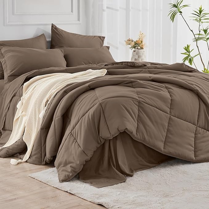 JOLLYVOGUE Full Comforter Set, Ultra-Soft Bed in a Bag Full Size 7 Pieces, Oeko-TEX Certified Bedding Set with Down Alternative Comforter, Sheets, Pillowcases & Shams, Brown