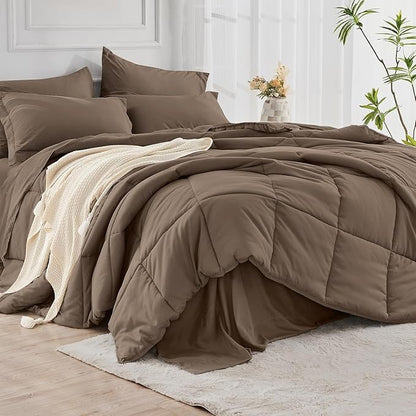 JOLLYVOGUE Full Comforter Set, Ultra-Soft Bed in a Bag Full Size 7 Pieces, Oeko-TEX Certified Bedding Set with Down Alternative Comforter, Sheets, Pillowcases & Shams, Brown