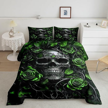 Erosebridal Adults Gothic Comforter Set Bohemian Boho Goth Queen Bedding Sets Vintage Horror Skull Bed Sets Lime Green Rose Baroque Victorian Romantic Rose Duvet Insert,Halloween Gothic Decor