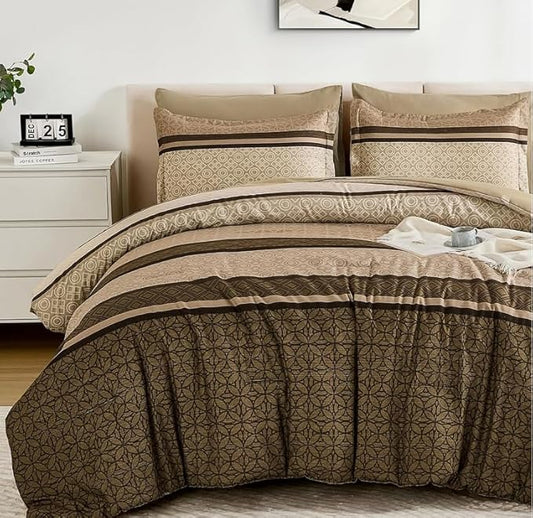 WONGS BEDDING 7 Pieces Comforter Set California King Size, Brown Striped Bed in a Bag Comforter and Sheet Set, Bohemian Soft Lightweight Micorfiber Bedding Set for All Season (96"×104")