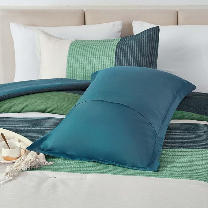 WONGS BEDDING Comforter Set Queen Size, 3 Pieces Blue Striped Patchwork Comforter for Queen Bed, Soft Microfiber Reversible Bedding Set for All Season (90"x90")
