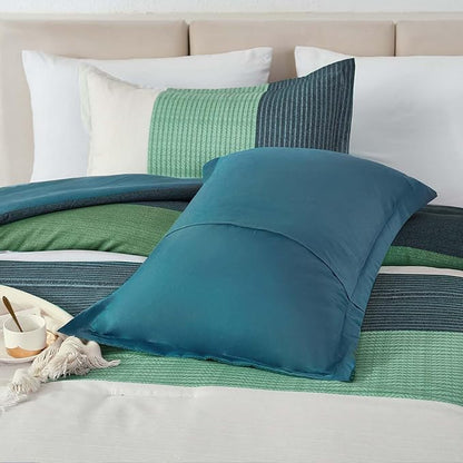 WONGS BEDDING Comforter Set Queen Size, 3 Pieces Blue Striped Patchwork Comforter for Queen Bed, Soft Microfiber Reversible Bedding Set for All Season (90"x90")