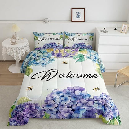 Erosebridal Girls Hydrangea Comforter Set Twin Purple Teal Blue Flowers Bedding Set Farmhouse Floral Bedding Comforter Sets for Kids Adults Women Spring Garden Nature Botanical Quilt Duvet