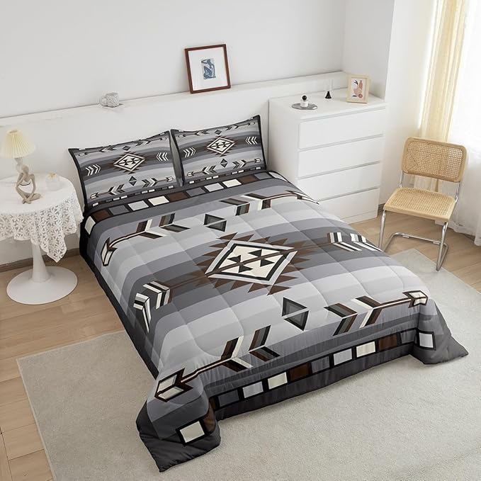 Erosebridal Rustic Western Toddler Comforter Set American Native Southwestern Bedding Set for Boys Men Bohemian Aztec Quilt Bedding Sets Exotic Ethnic Tribal Bed Set Brown Grey Farmhouse Decor 2 Pcs