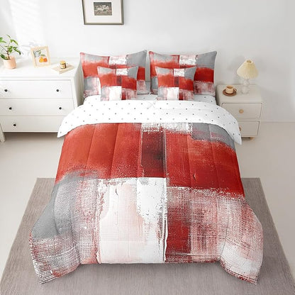 Erosebridal Red White Gray Full Comforter Set 7pcs Aesthetic Bed in a Bag, Modern Watercolor Bedding Comforter Sets (1 Comforter + 1 Fitted Sheet + 1 Flag Sheet + 2 Pillowcase + 2 Throw Pillow Cover)