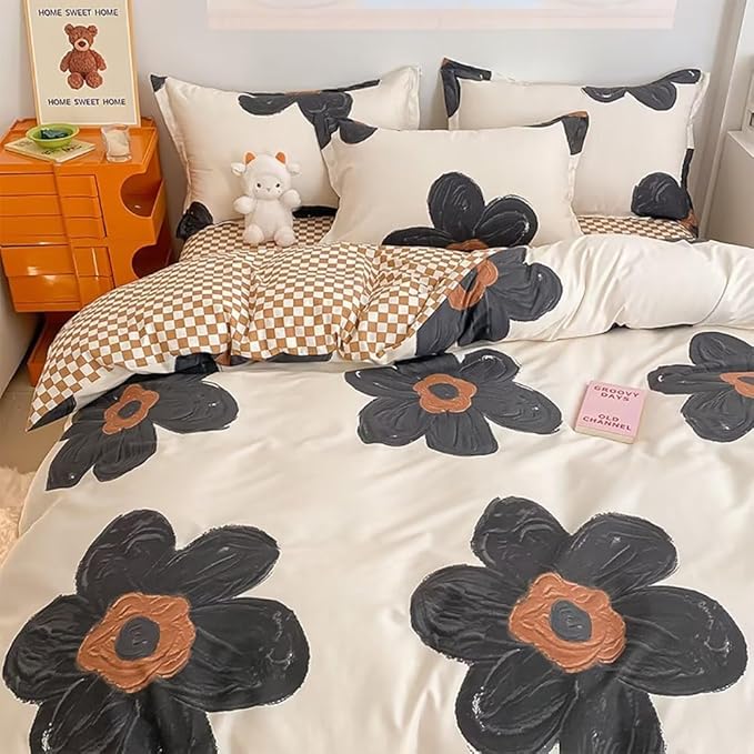 Houseri Black Floral Comforter Set Queen 3D Sunflower Beige White and Black Kawaii Bedding Comforter Queen Size Women Teen Girls Dorm Bedding Soft Flowers Bed Comforter Black Brown Plaid Quilts Queen