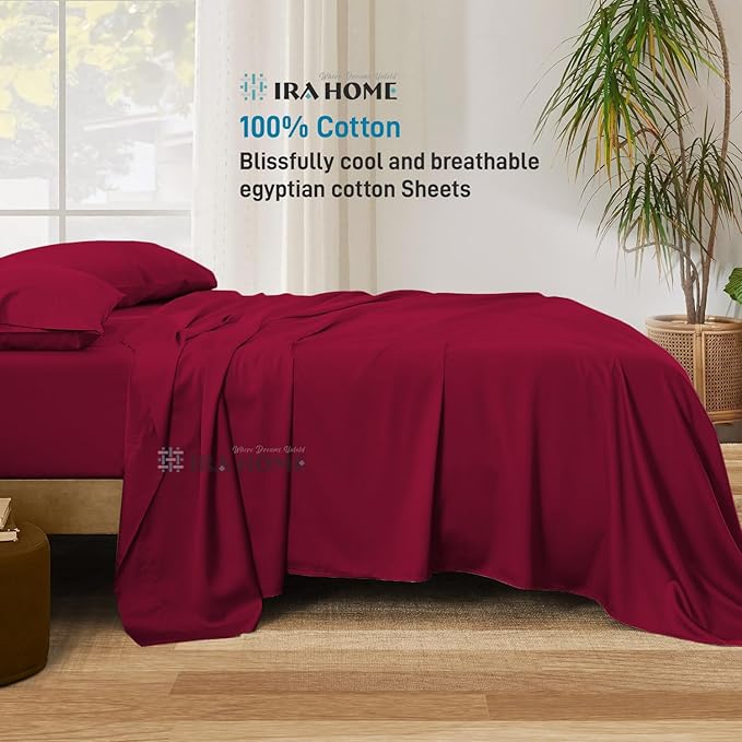 Queen Sheet Set 4 Piece Egyptian Cotton Sheets 600 TC Breathable Hotel Luxury Bedding Set 16" Inch Extra Deep Pockets, Extra Soft Cooling Sheets, Wrinkle, Fade, Stain Resistant - Burgundy