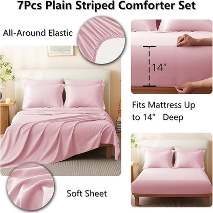 CozyLux Queen Comforter Set - 7 Pieces Bed in a Bag Pink Comforter Set with Sheets Luxury Bed Set All Seasons, Soft Bedding Set with Down Alternative Comforter, Sheets, Pillowcases & Shams