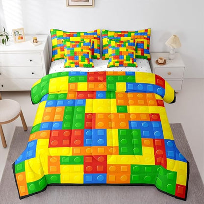 Kids Games Comforter Set 7 Pcs King Size,Cartoon Construction Bedding Set for Child Boys Room Decor Color Building Blocks Gaming Theme Fitted Flat Sheet 2 Throw Pillow Covers 2 Pillowcases