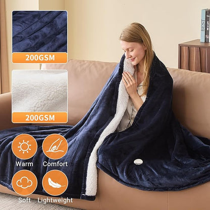 Electric Heated Blanket Throw Size 50''x60'' Soft Flannel & Sherpa Electric Blanket with 10 Heating Levels, Automatically Shut Down After 8h with Overheat Protection Machine Washable