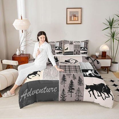 Erosebridal Western Horse Comforter Set, Rustic Farmhouse Quilt Queen, Southwest Riding Boots Horseshoe Bedding, Geometric Grid Plaid Patchwork Bedding Comforter Sets Cabin Decor for Bedroom, Brown