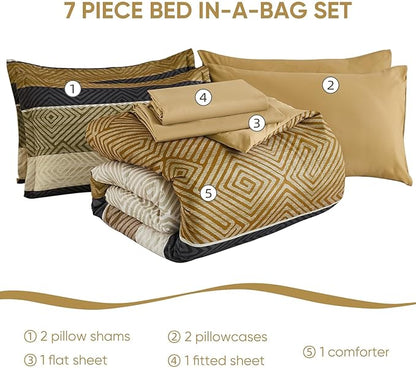 Drucon Brown Comforter Set Queen Size 7 Piece Bed in a Bag, Boho Striped Bedding Set, Soft Microfiber Comforter and Sheet Set for All Season (Queen, 90"x90")