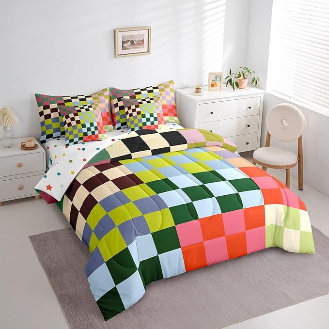 Feelyou Multicolored Checkered Retro 7 Piece Bedding Set Kids Boys Geometric Vintage Comforter Set with Sheets King Size Green Red Yellow Colorful Bed in a Bag Modern Groovy Aesthetic Room Decor