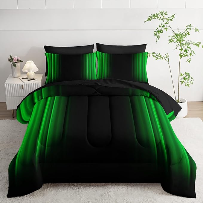 Green and Black Bedding Set Twin Size Abstract Ombre Comforter Set Bedding Set 7 Piece in A Bag,Dark Quilt Set Mordern Art Decor All Seasons with Pillowcases,Flat, Fitted Sheet