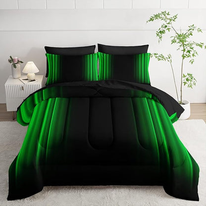Green and Black Bedding Set Twin Size Abstract Ombre Comforter Set Bedding Set 7 Piece in A Bag,Dark Quilt Set Mordern Art Decor All Seasons with Pillowcases,Flat, Fitted Sheet