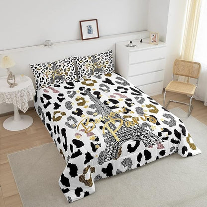 Feelyou Eiffel Tower Comforter Set Leopard Print Bedding Set for Kids Boys Girls Paris Tower Comforter Cheetah Print Quilt Set 1 Comforter Set with 2 Pillowcases Queen Size