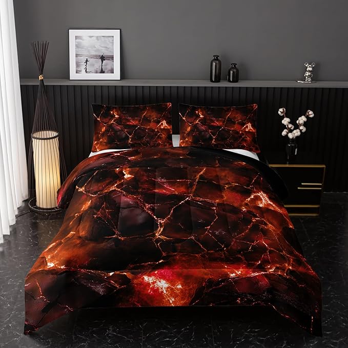 Orange Comforter Set King Size，Orange Marble Bedding Set 3 Pcs Bedding for Adults, Marble Room Decor with Comforter and 2 Pillowcases Soft and Lightweight B-Side Black