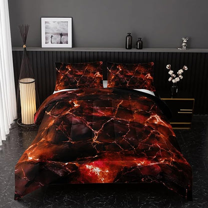 Orange Comforter Set King Size，Orange Marble Bedding Set 3 Pcs Bedding for Adults, Marble Room Decor with Comforter and 2 Pillowcases Soft and Lightweight B-Side Black