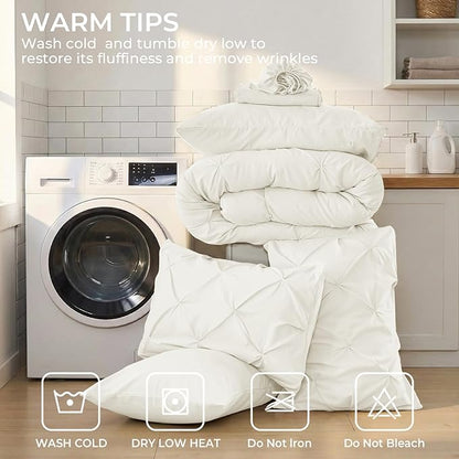 Sasttie Full Size Comforter Set, 7-Piece Bed in a Bag, Pintuck Bedding Set for All Season, Includes Comforter, Flat Sheet, Fitted Sheet, Pillowcases and Pillowshams, Ivory