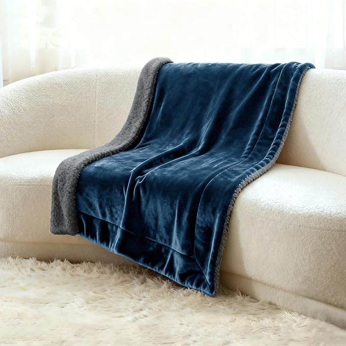Genteele Sherpa Throw Blanket Super Soft Reversible Ultra Luxurious Plush Blanket, 60 x 70 inches, Navy/Gray