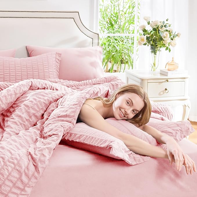 CozyLux Full Size Comforter Sets with Sheets Seersucker 7 Pieces Pink Bed in a Bag Textured Luxury Soft Bedding Set with Down Alternative Comforter, Sheets, Pillowcases & Shams for All Seasons