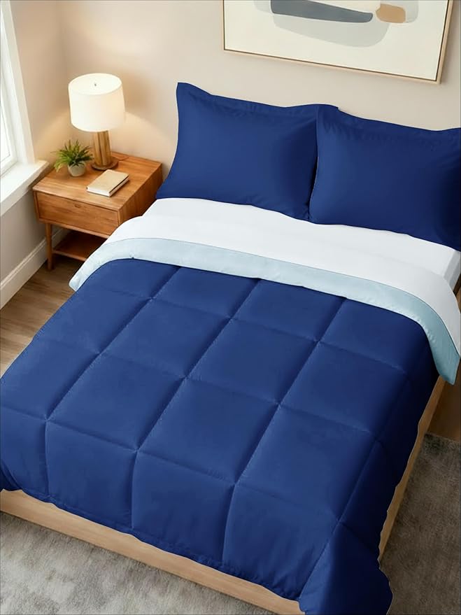 Full Comforter Set - 3 Piece Bed Set for All Seasons - 1 Soft Quilted Comforter w/ Corner Tabs & 2 Pillow Shams - Comfy, Cozy & Breathable - Premium Down Duvet Insert - Full Size, Navy Blue/Sky Blue