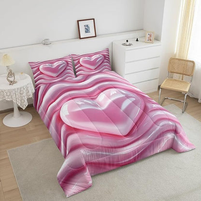 Erosebridal 3D Love Heart Bedding Set Queen Size, Kawaii Decor Down Comforter for Kids Teens Girls Women Room, Pink Girly Comforter Set, Abstract Quilt, Soft Microfiber Decor