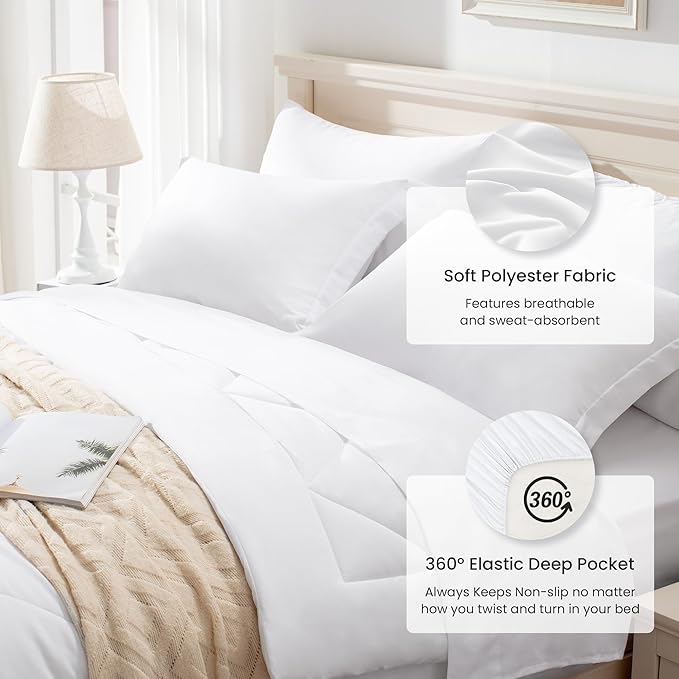 Love's cabin Queen Comforter Set White, 7 Pieces Queen Bed in a Bag, All Season Bedding Sets with 1 Comforter, 1 Flat Sheet, 1 Fitted Sheet, 2 Pillowcase and 2 Pillow Sham