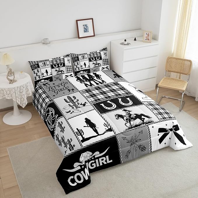 Western Cowgirl Girly Comforter Set King Size,Cactus Horseshoes Cow Skull Boot Rustic Bedding Set,Girls Women Room Decor,Bow Arrow Plaids Patchwork Down Comforter,Black Duvet Insert,2 Pillowcases